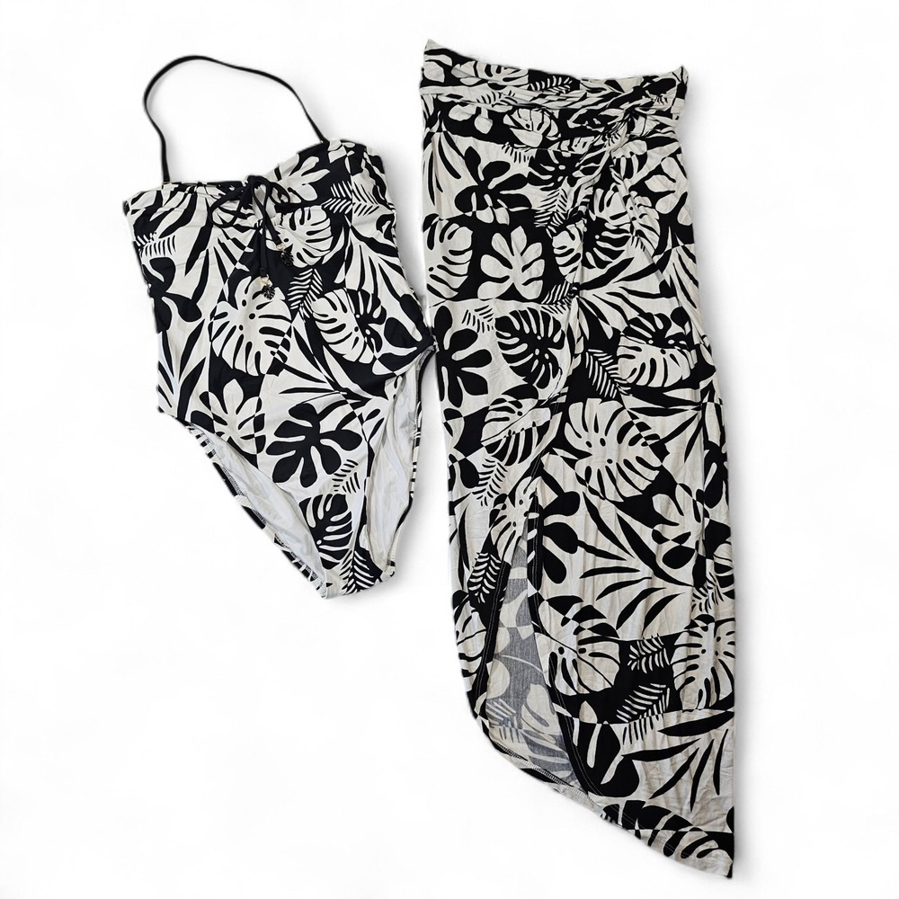 Sunshine 79 Swimsuit and Sarong Set Black White Tropical Print Size 10 Resort